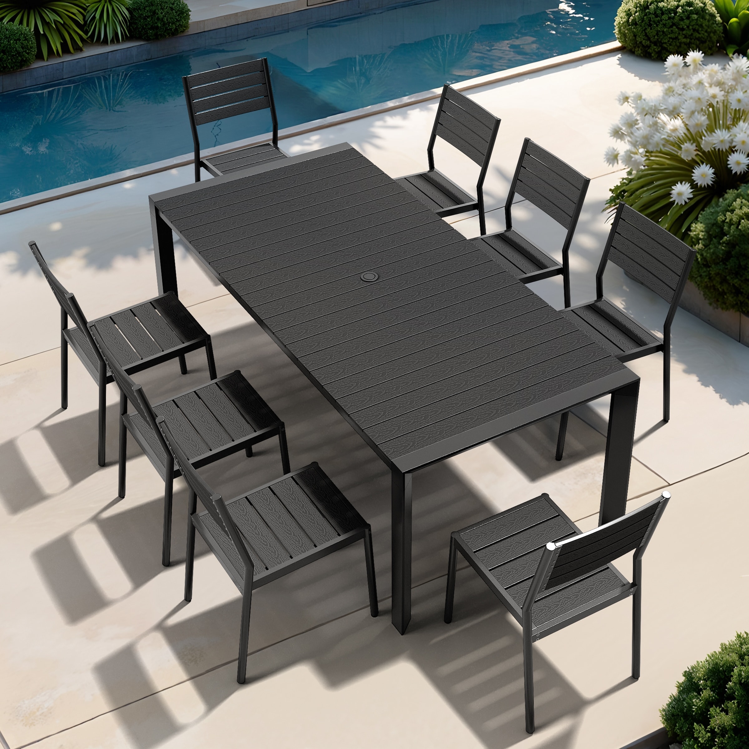 Set of 9 Outdoor Patio Dining Set WoodLike Table Top Aluminum Rectangular Umbrella Hole Table with Stackable Chairs