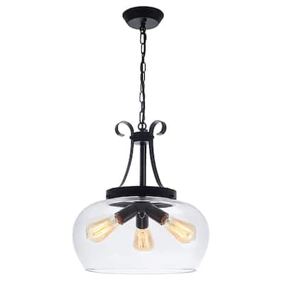 Simple and elegant adjustable height 3-light metal pendant lamp with glass lampshade