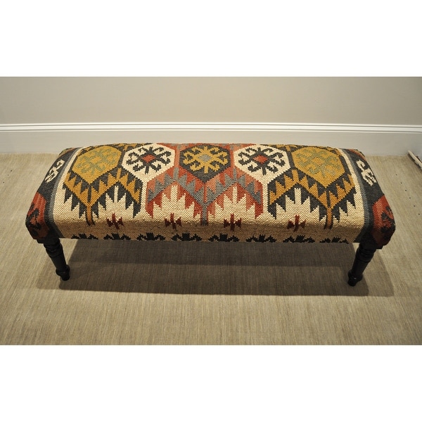 Handmade Kilim Upholstered Wooden Bench (India) - 47" W x 15" L x 17" H. Opens flyout.