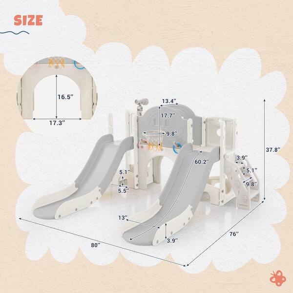 dimension image slide 1 of 5, 7 in 1 Toddler Slide Playset, Kids Climbers Playground with Double Slides, Arch Tunnel, Ring Toss and Basketball Hoop