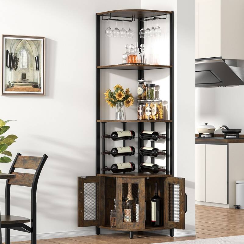 Anmytek 5 Tier Industrial Wooden Corner Wine Rack with Glass Holder & Storage Shelves