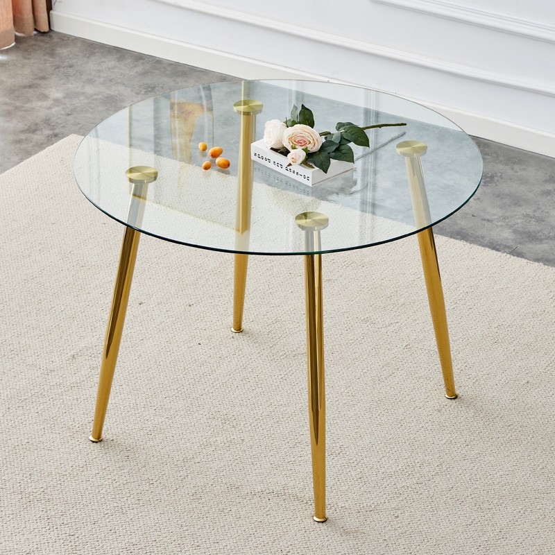 40 inch Round Dining Table with 0.3 Tempered Glass Tabletop and Metal Legs Golden