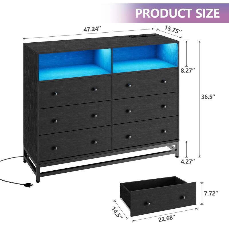 6-Drawer Double Dresser for Bedroom, Wooden TV Stand with LED Lights & Power Outlet, Storage Cabinet for Closet