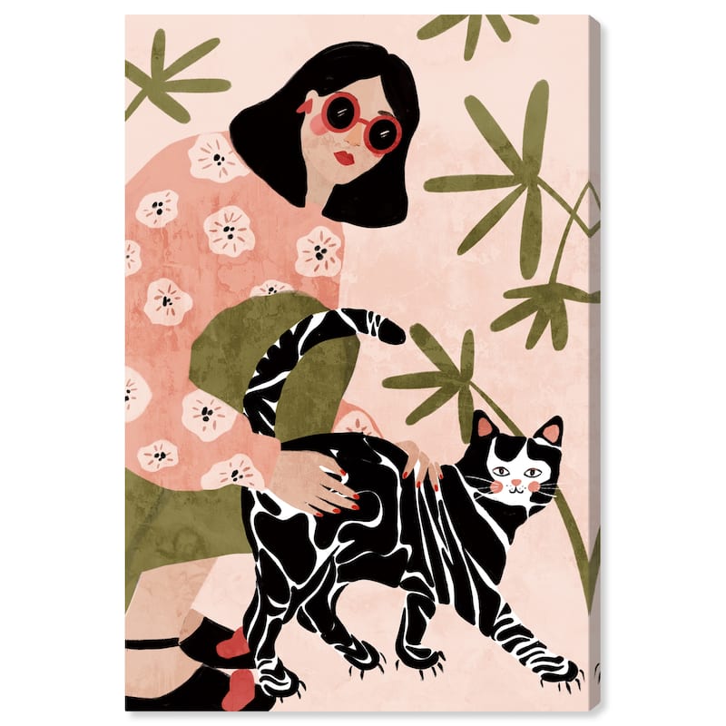 Wynwood Studio Canvas Animals Floral Cat lover Black and Light Pink Modern & Contemporary Wall Art Canvas Print