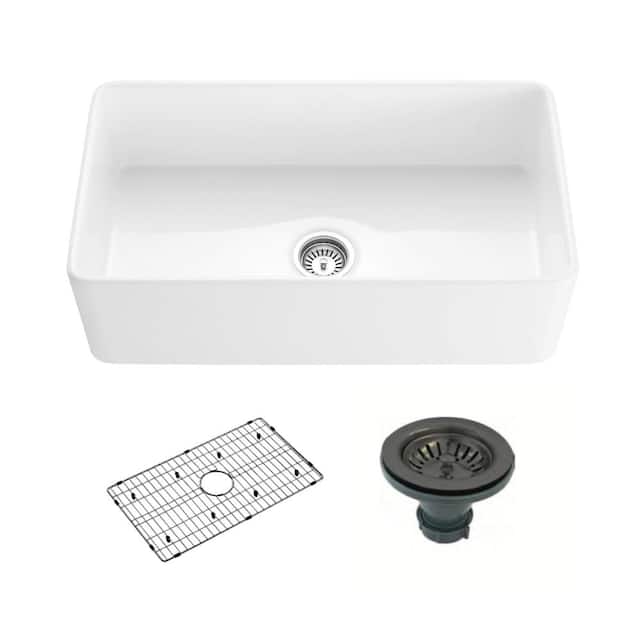 Fireclay Farmhouse Kitchen Sink - Contemporary European Design - 30-Inch - Sink w/ grid & drain cover - Gun Metal