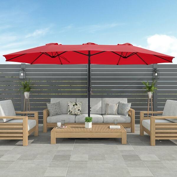 3' patio umbrella Patbrela 9ft 3-Tier Solar Patio Umbrella with LED Lights, Tilt Adjustment  Outdoor Umbrella, Market Sun Shade for Beach, Backyard, Deck, Poolside, Red