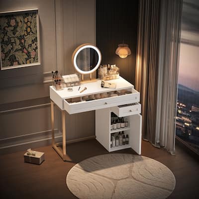 Makeup Vanity Desk with Lighted Mirror & Iron Legs, Dressing Table with 2 Drawers & 1 Cabinet, 3 Lighting Modes Available