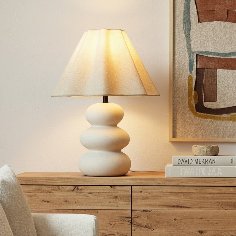 Brightech Kelsey 17.7 in. Speckled Beige Bohemian LED Rounded Bedside Desk Table Lamp with Beige Linen Empire Shade