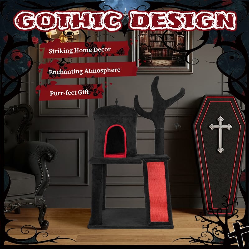 42" Gothic Cat Tree with Red Black Condo and Sisal Scratching Posts Ladder and Spider Toy