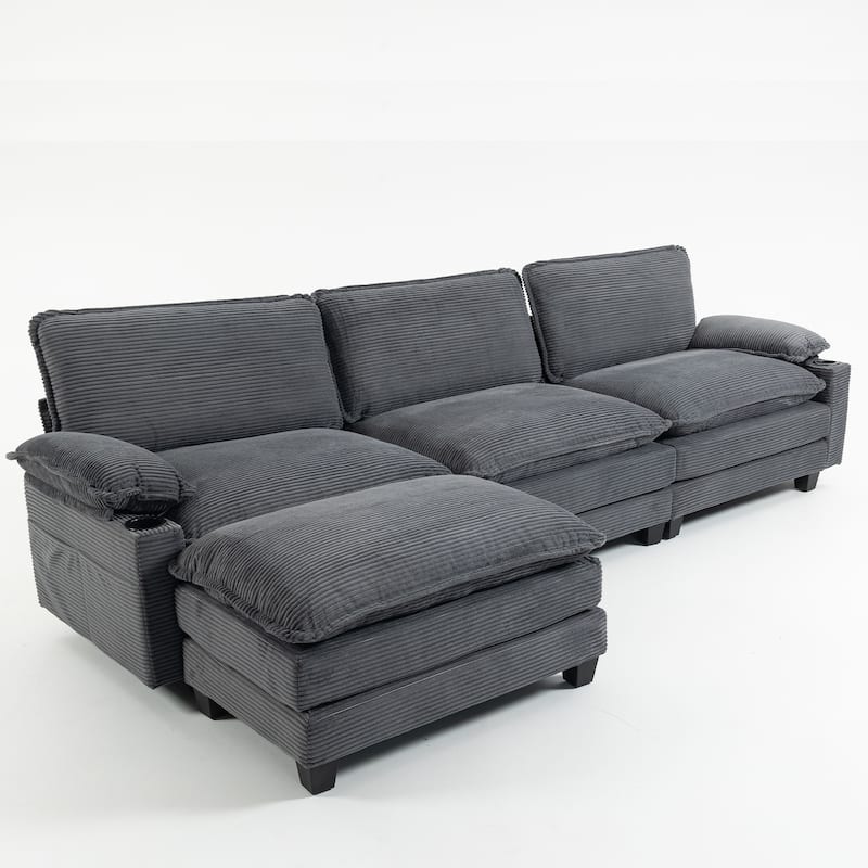 113" L Shaped Sectional Sofa, Deep Seat Cloud Couch with Ottoman, Oversized Corduroy Couch with Cup Holders, Storage Bags