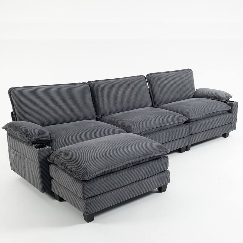L-Shaped Modular Sectional Sofa with Ottoman, Oversized Corduroy Upholstered Cloud Couch with Cup Holders & Side Pockets