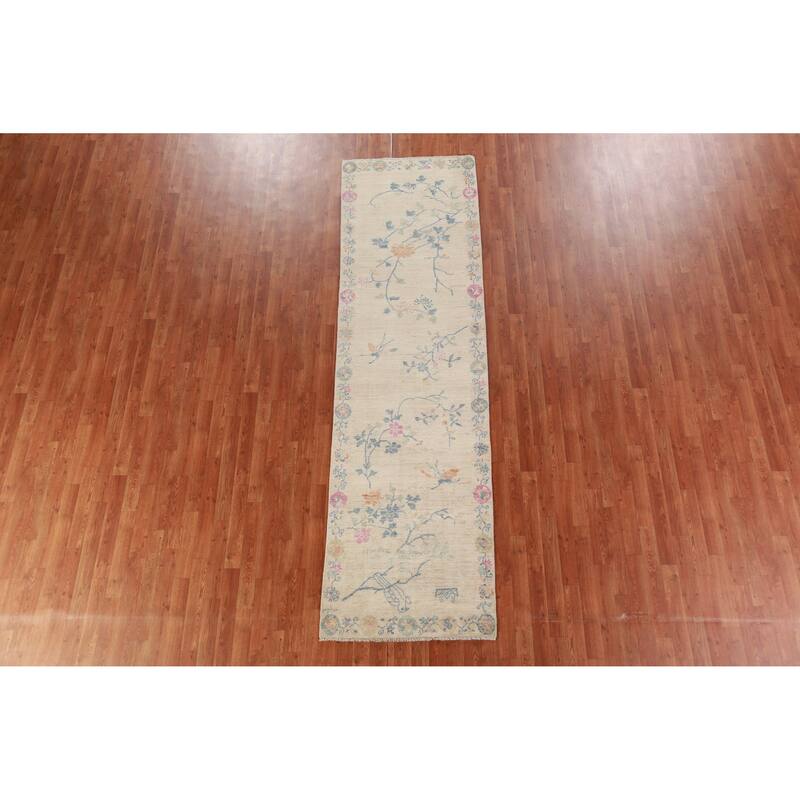 Hand Knotted Oriental 100% Wool Carpet Traditional Floral Beige & Ivories Art Deco Runner Rug - 10' 3'' X 2' 9''