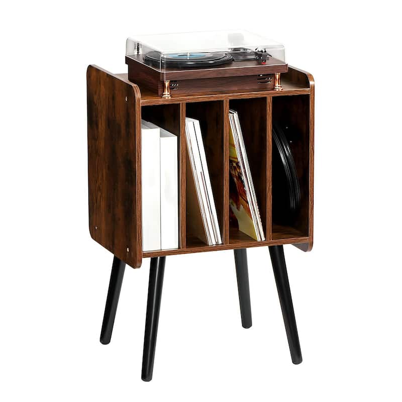 2-Tier Wood Record Player Stand Holds 100 Vinyl Albums Brown Finish - 16.54 x 13.54 x 26.38 inches