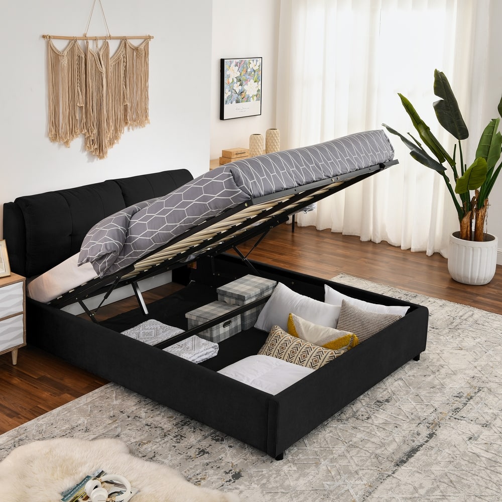 Upholstered Storage Bed King Size, Hydraulic Platform Bed with Chenille Fabric Headboard, King/Queen Size