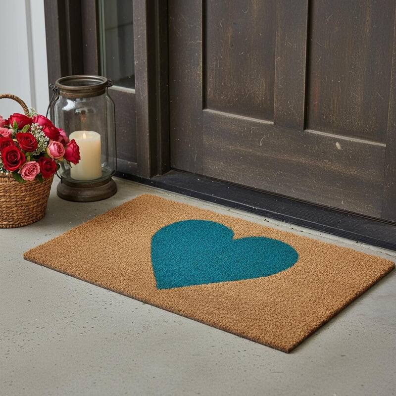 HomeRoots 17" X 29" Brown And Turquoise Heart Outdoor Coir Door Mat - 17.00' X '29.00 - 17.00' X '29.00
