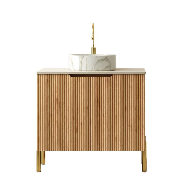 30" Bathroom Vanity with Sink, Freestanding Plywood Bathroom Storage Cabinet with 2 Doors, White Basin with Stone Pattern