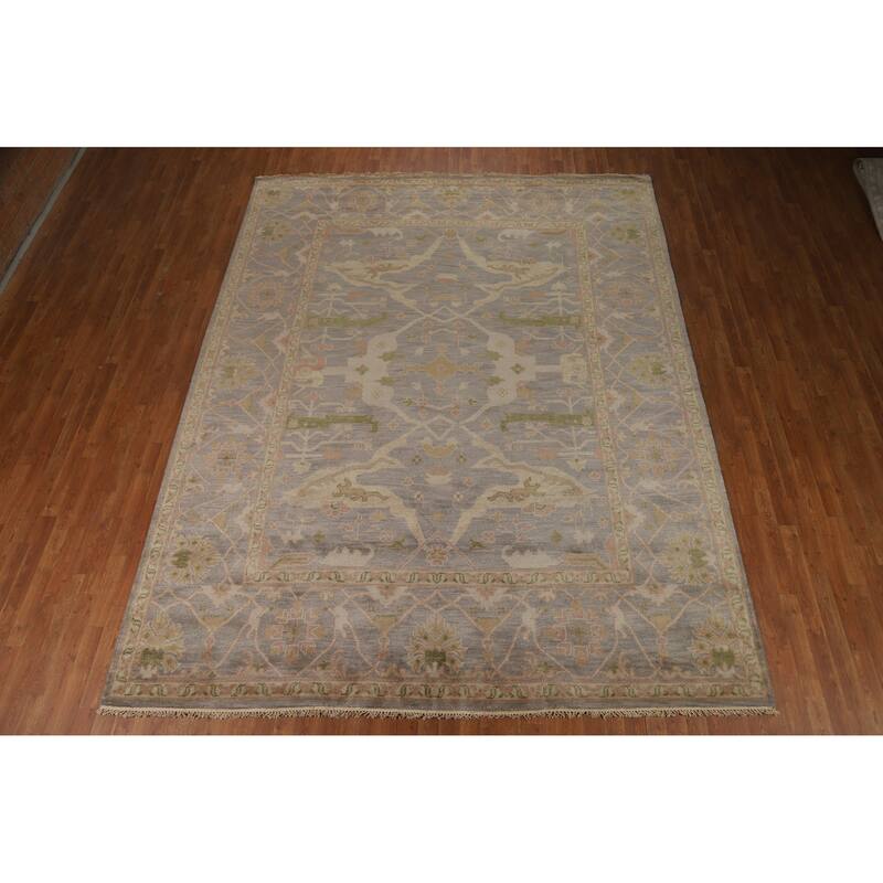 All-Over Gray Oushak Indian Area Rug Hand-Knotted Wool Carpet - 9'3" x 12'0"