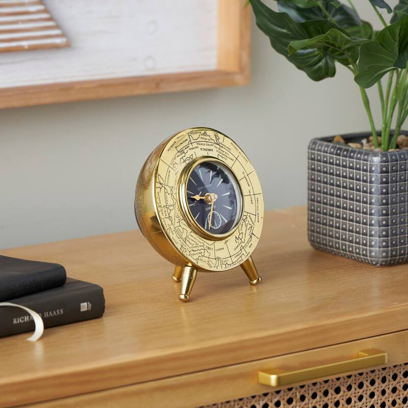 Gold Stainless Steel Metal Small Dome World Map Decorative Clock with Black Clockface - Gold