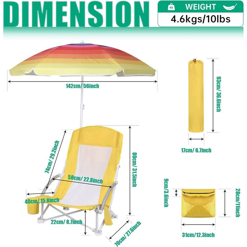 Beach Chair, Beach Chair with Umbrella, Beach Chair for Adults Camping Chair High Back with Umbrella and Cooler, Lightweight