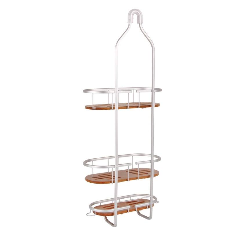 Utopia Alley Tia Rustproof Teak Overhead Shower Caddy with 3 Shelves, Hanging Shower Head Organizer, Black & Chrome Finish