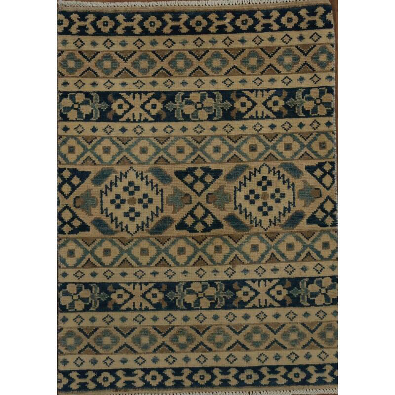 Hand Knotted Oriental 100% Wool Carpet Traditional Geometric Beige & Ivories Kazak Area Rug - 2' 8'' X 1' 11''