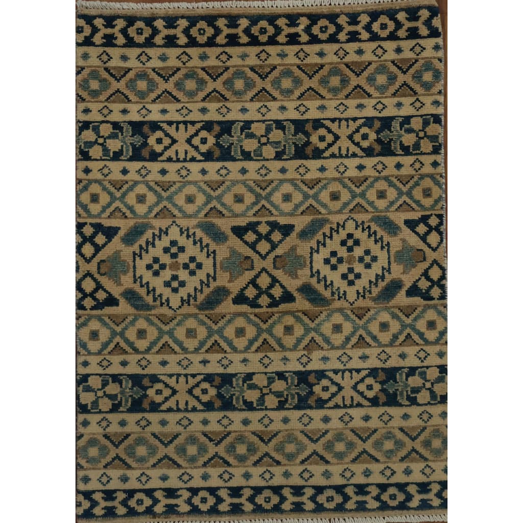 Hand Knotted Oriental 100% Wool Carpet Traditional Geometric Beige & Ivories Kazak Area Rug - 2' 8'' X 1' 11''