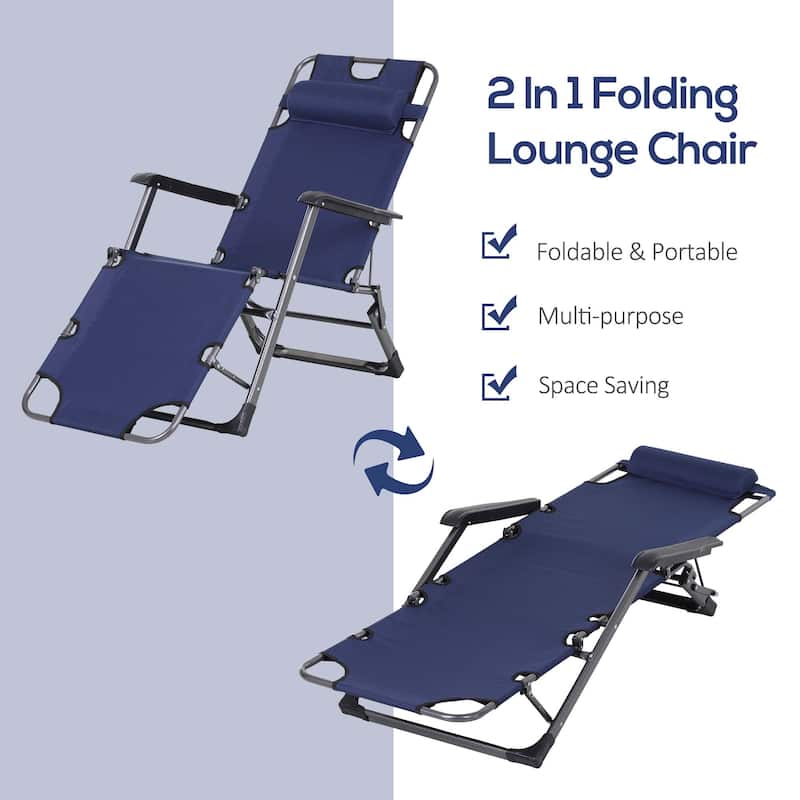 Outsunny 2-in-1 Patio Lounge Chair w/ Pillow, Outdoor Folding Sun Lounger Reclining to 120°/180°, Oxford Fabric