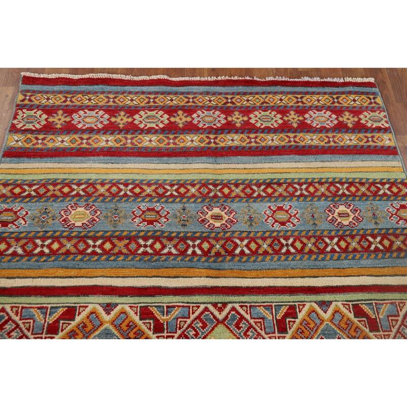 Striped Kazak Oriental Accent Rug Handmade Wool Carpet - 4'2" x 6'0"