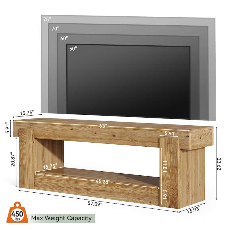 2 Tier Solid Wood TV Stand for Living Room, Fits TVs Up to 75 inches - 62.99" L x 15.75" W x 23.62" H