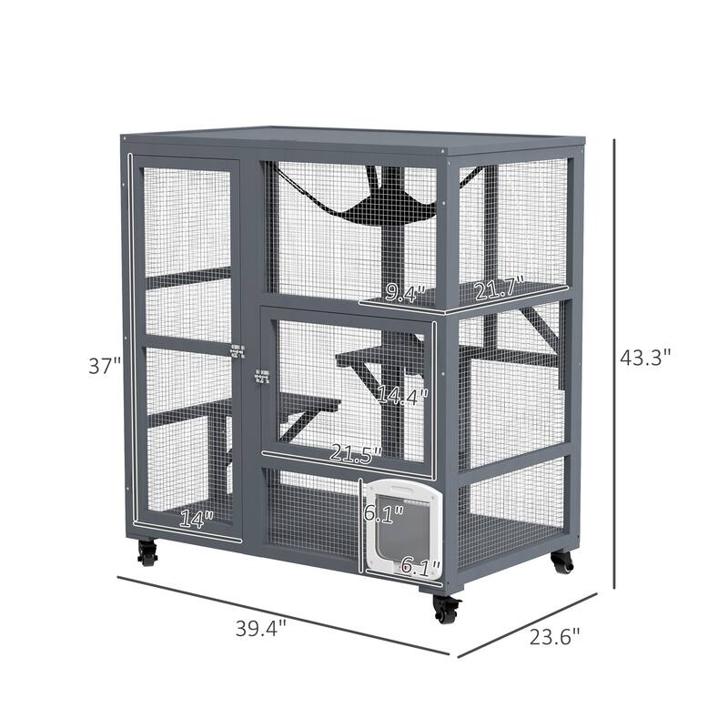 PawHut Cat House, Indoor Cat Enclosure on Wheels, Wooden Kitty Cage with Cat Flap Door - Gray