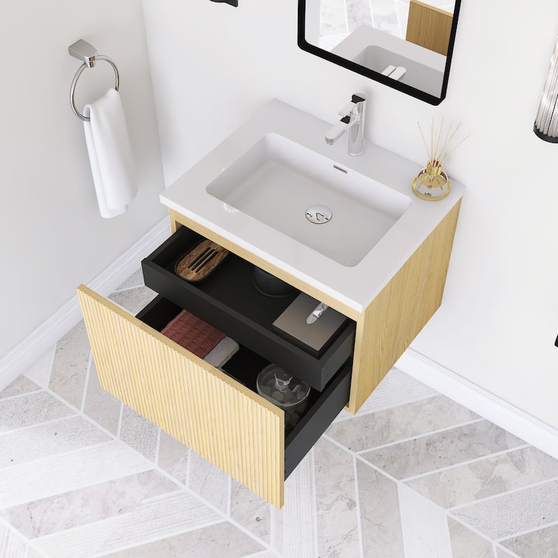 Floating Bathroom Vanity in Yellow Oak with Integrated Resin Top