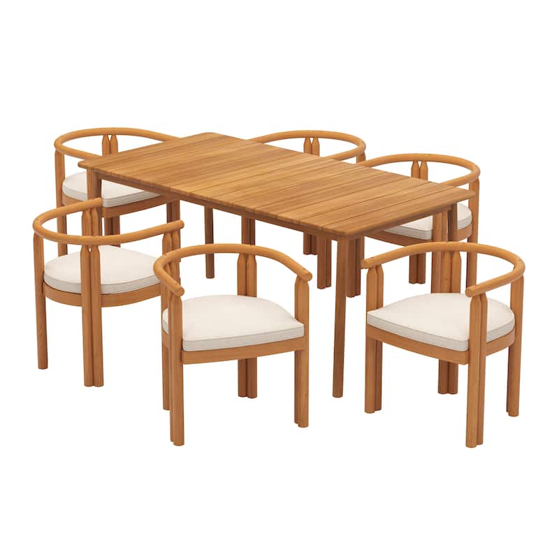 Roomfitters Outdoor Dining Set 7 Piece Solid Acacia Wood Table Armchairs Cushioned, Teak Beige - Teak+ Beige