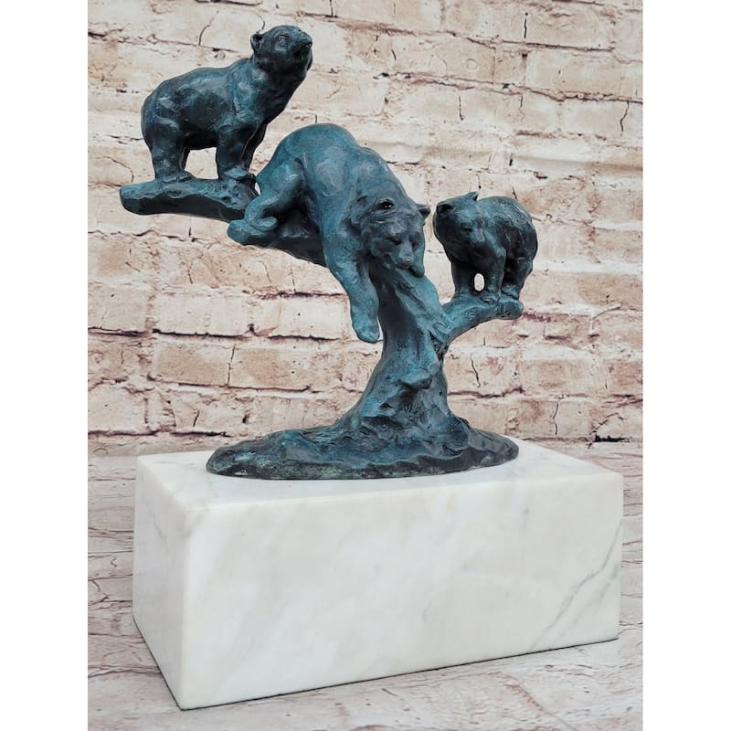 Bear Family Bears On Tree Branch - Bronze Metal Sculpture On White Marble Base