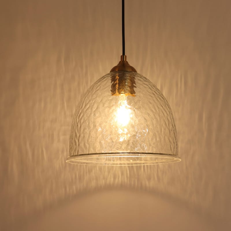Coria 10 In Modern Farmhouse Dome Glass Pendant Lights with Bowl Hammered Art Shade - Brass/Clear - D10.6'' x H 10''