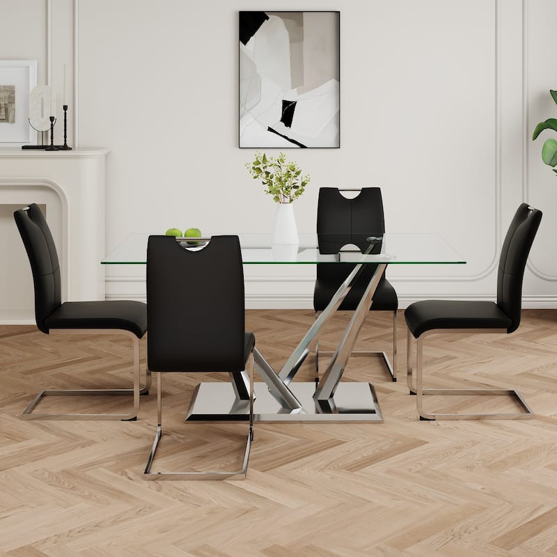 63" Glass Dining Table Set for 4, 5 Piece Dining Table and Chairs Set, Rectangular Table with 4 Faux Leather Chairs & Metal Legs