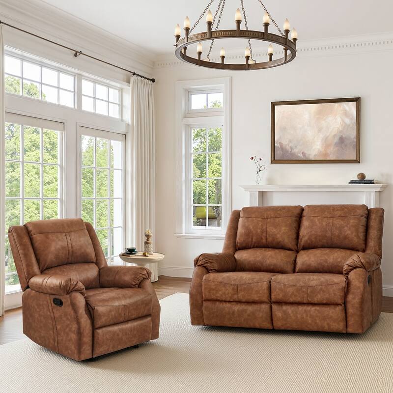 Recliner Set Of 2, Manual Recliner Chair, 2-Piece Faux Leather Upholstered Recliner Sofa For Living Room - light brown