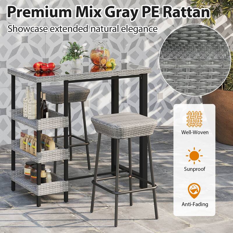 Costway 43.5" Outdoor Bar Table with Tempered Glass Top & 3 Rattan - See Details