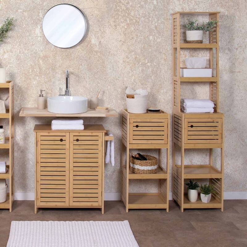 Tall Bathroom Storage Cabinet with Multiple Shelves and Vented Door, Natural - Trinidad Collection - 13 7/8"L x 10.4"W x 68"H