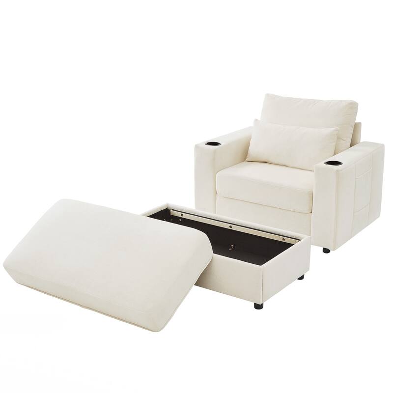 Modern Style Armchair 42.5" Chaise Lounge Sofa Couch with a Movable Storage Ottoman, Two USB Ports, Two Cup Holders