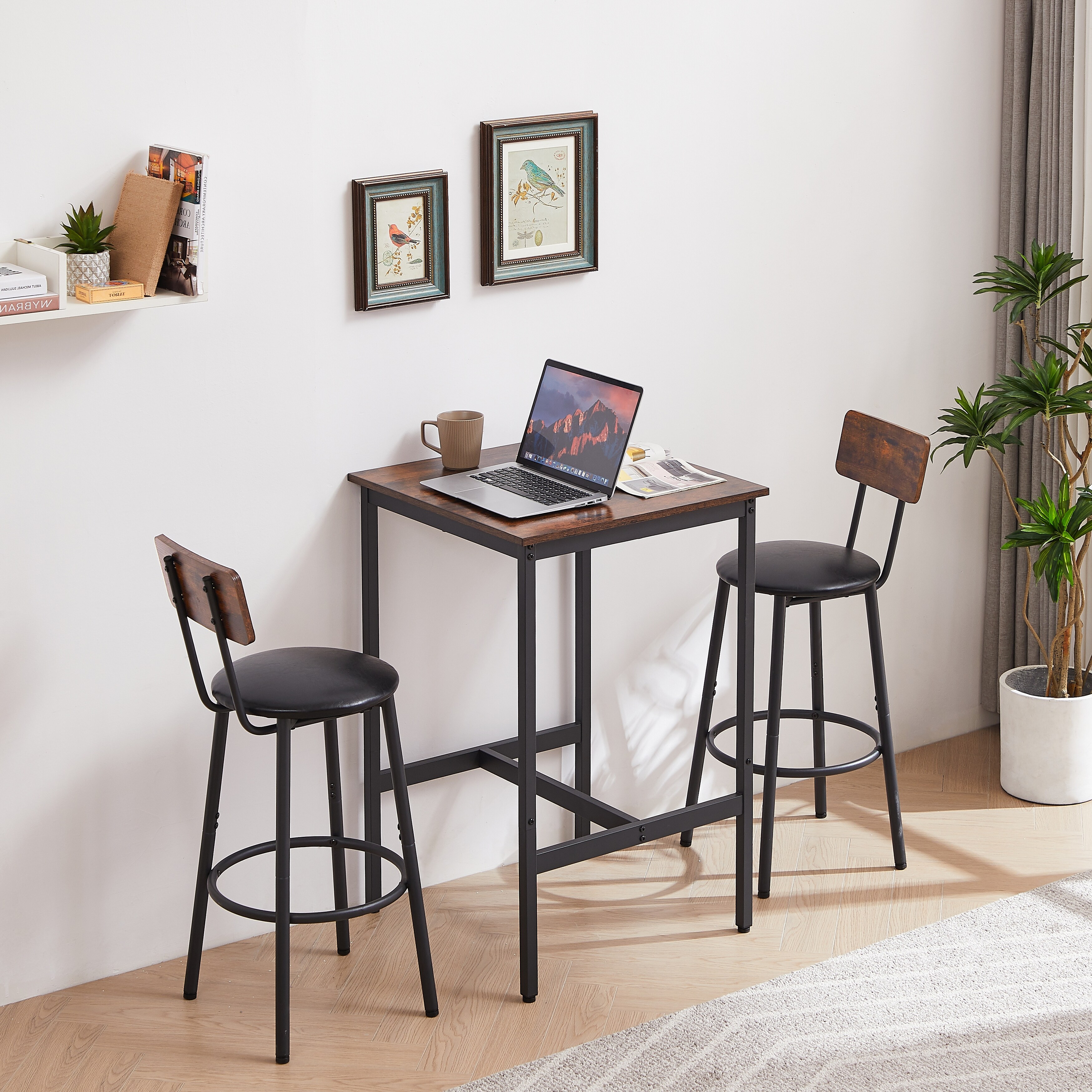 Bar Table Set with 2 Bar Stools PU Soft Seats with Backrest Grey