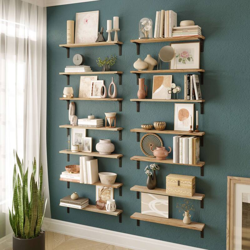 Wallniture Nola 24" Floating Shelves for Wall Decor, Wood Shelves for Living Room, Office, Kitchen Storage Shelves, 14 Pcs
