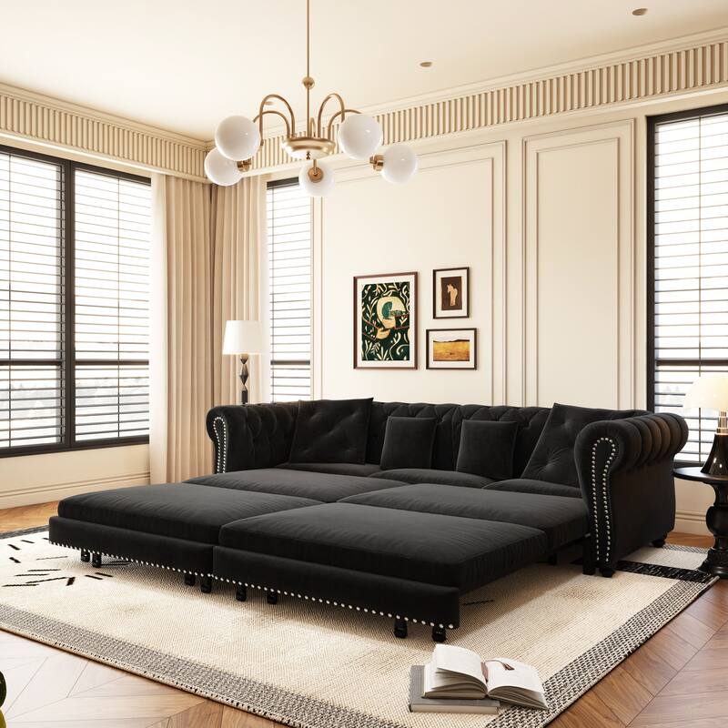 89" Chesterfield Pull Out Sofa Bed - Velvet 3-in-1 Convertible Sleeper with Chaise & Ottoman, King Size Sleeper Sofa