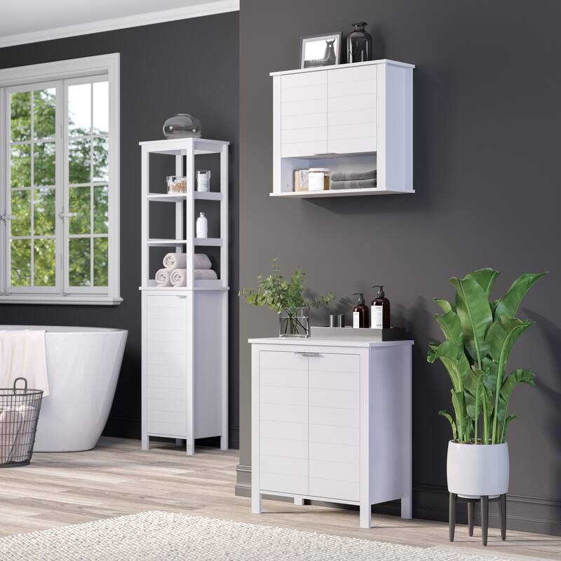 RiverRidge Madison Single Door Tall Bathroom Cabinet Storage Organizer with an Open and Adjustable Interior Shelves
