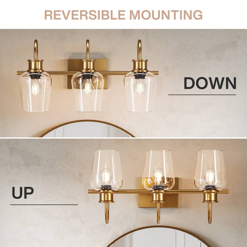 3-Light Golden Bathroom Vanity Light Fixtures, E26 Base