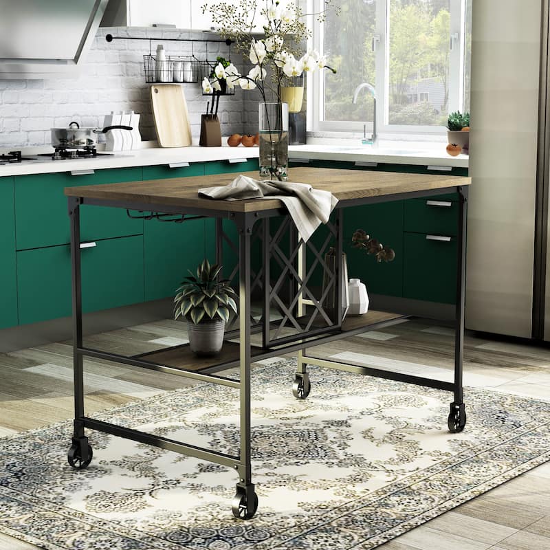 Ursa Industrial Medium Oak 48-inch Wide Metal Kitchen Island with Caster Wheels by Furniture of America