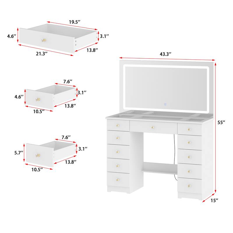 White Vanity Desk with Large LED Lighted Mirror & Glass Tabletop, Makeup Table with 11 Drawers