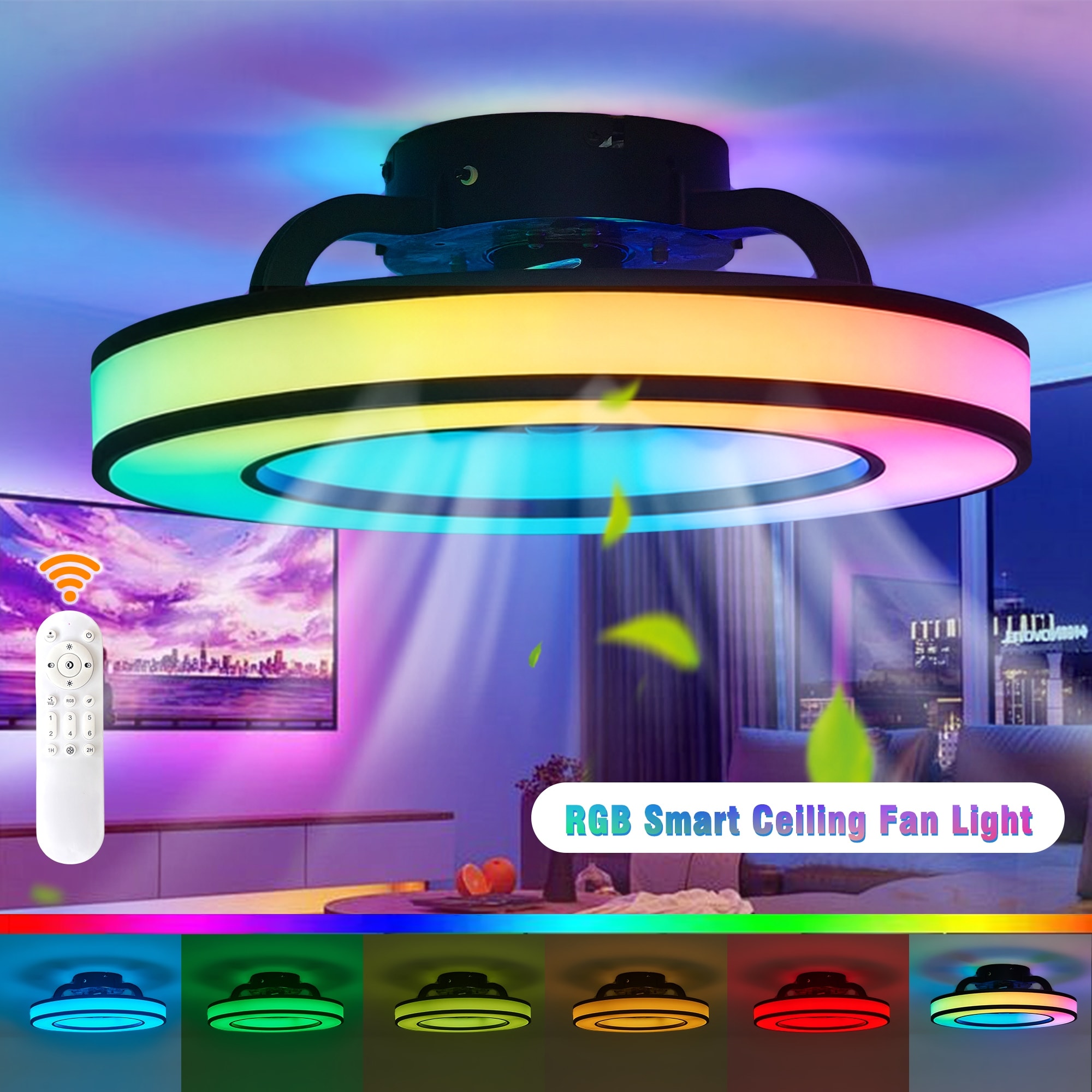 16.5" Smart RGB Ceiling Fan with Light, Low Profile Bladeless, Remote, 6-Speed Quiet DC Motor, Bedroom Kitchen