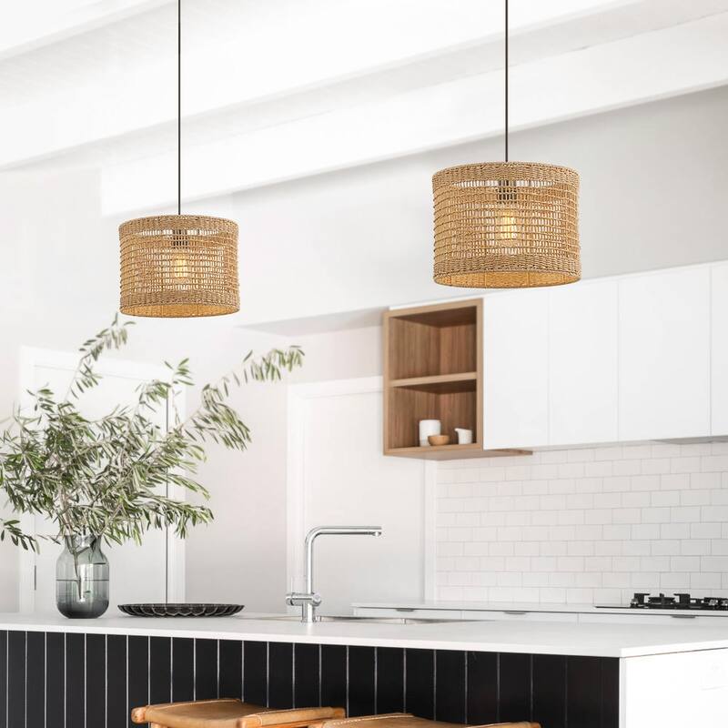 1-Light Bohemian Rattan Pendant Light - Black/Wheat - 13.8 in. W - 13.8 in. W