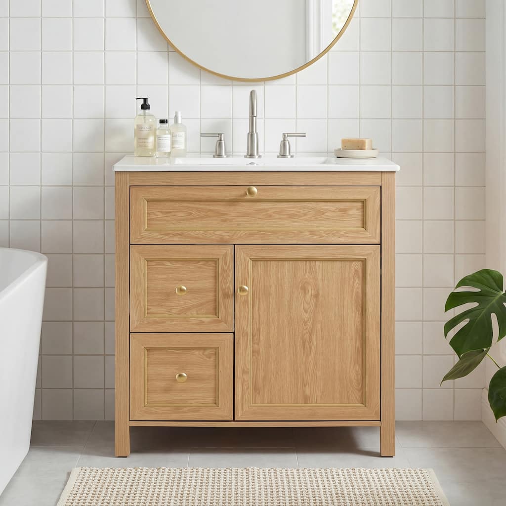 GDFStudio - Modern 30" Freestanding Fluted Bathroom Vanity with Integrated Ceramic Sink, Flip-Out Drawer & Adjustable Shelf
