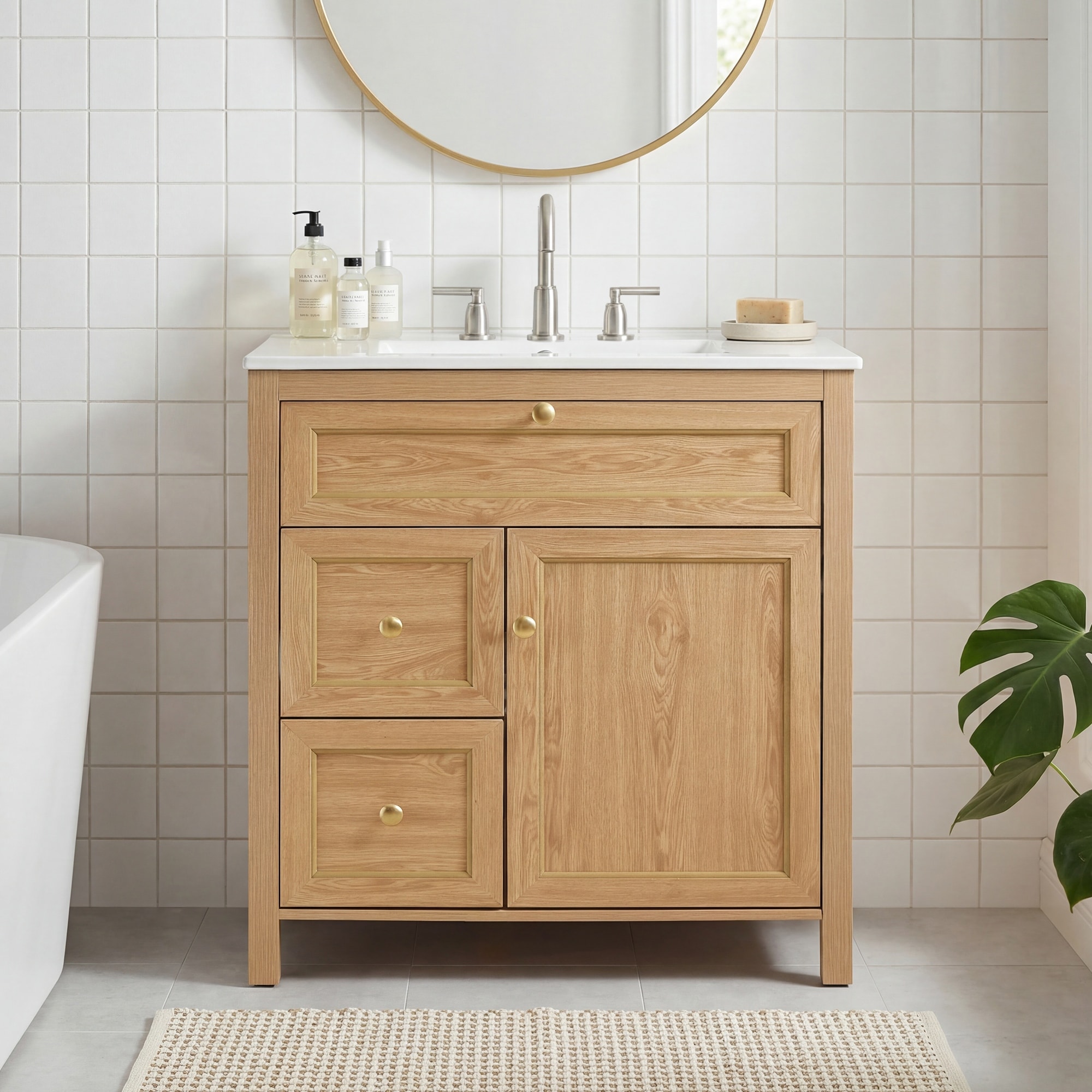 GDFStudio - Modern 30" Freestanding Fluted Bathroom Vanity with Integrated Ceramic Sink, Flip-Out Drawer & Adjustable Shelf